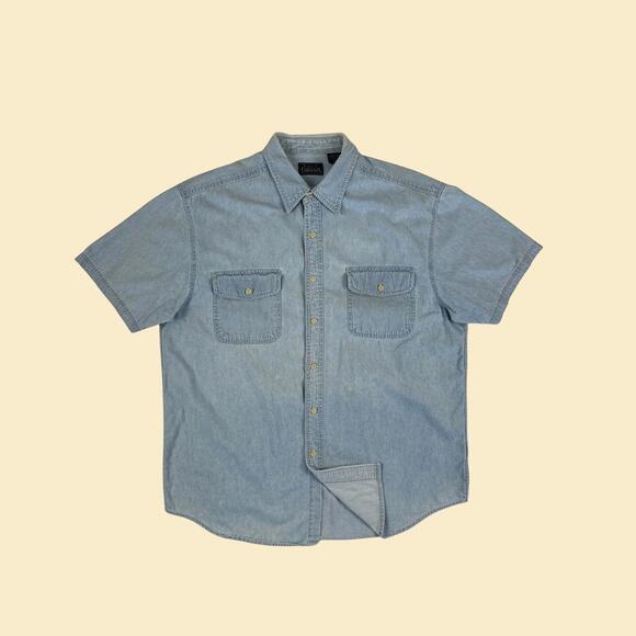 1990s L denim/chambray shirt, vintage 90s Basic Editions men's short sleeve - Picture 1 of 8